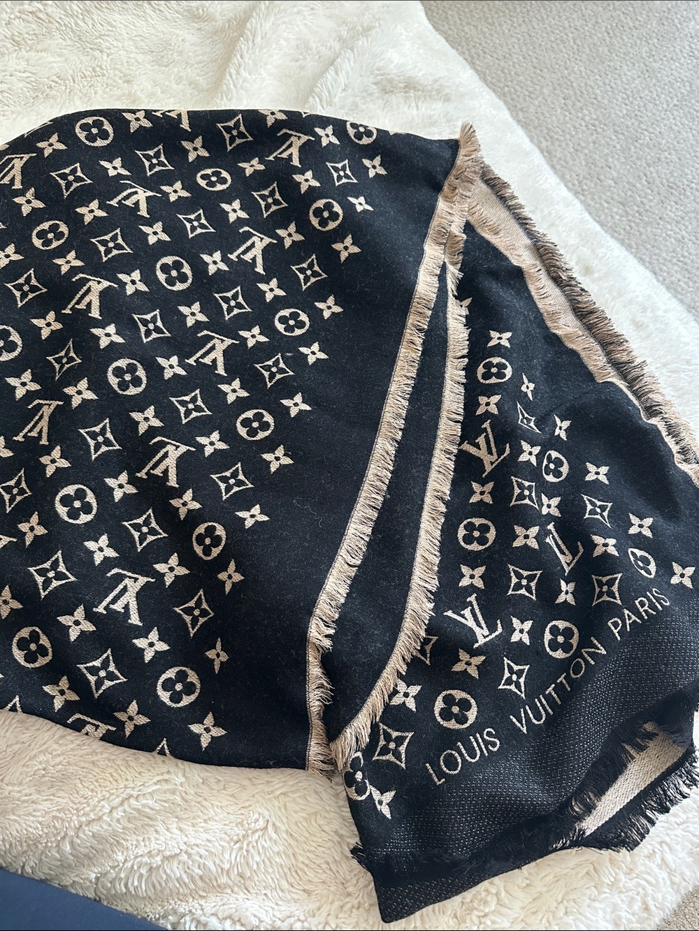 Louis Vuitton Black with Beige Monogram Fringe Shawl